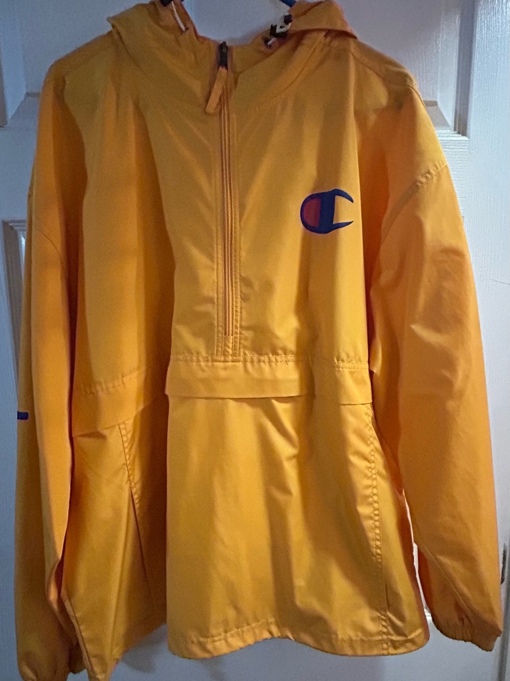 Champion Yellow Hooded Half-Zip Windbreaker with Blue Logo